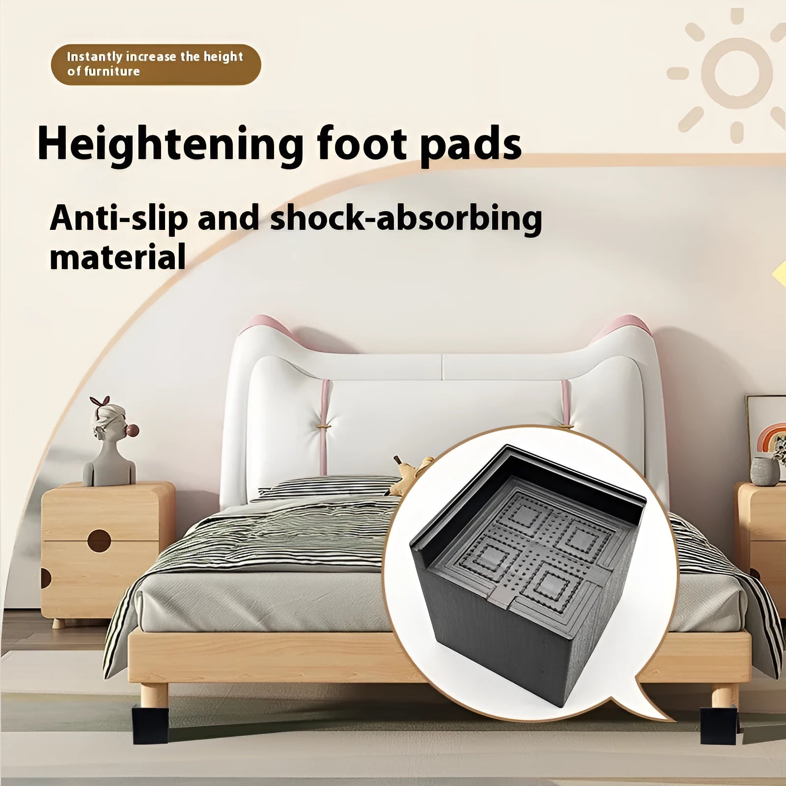 Four black thickened plastic furniture foot height increasing mats on a white background
