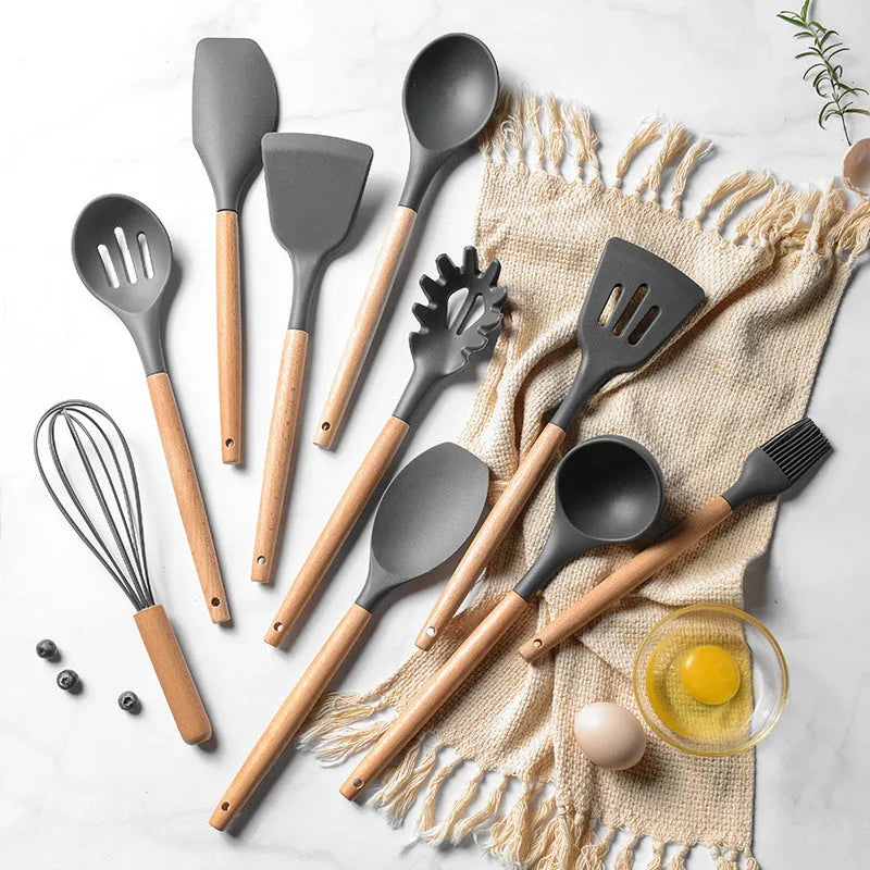 12-piece silicone kitchenware set with wooden handles in modern simplicity design, colour box packaging