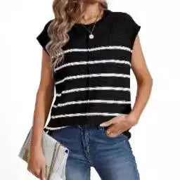 Women's striped sleeveless pullover vest top with bone stitching detail on seams