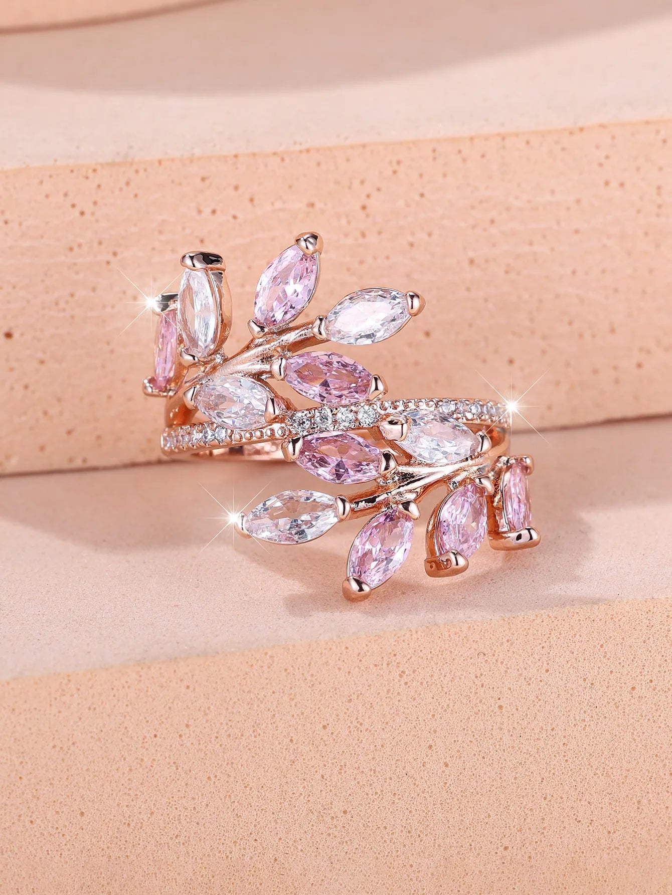 Adjustable horse eye zircon leaf ring in copper with leaf shape design and multiple colour finish options