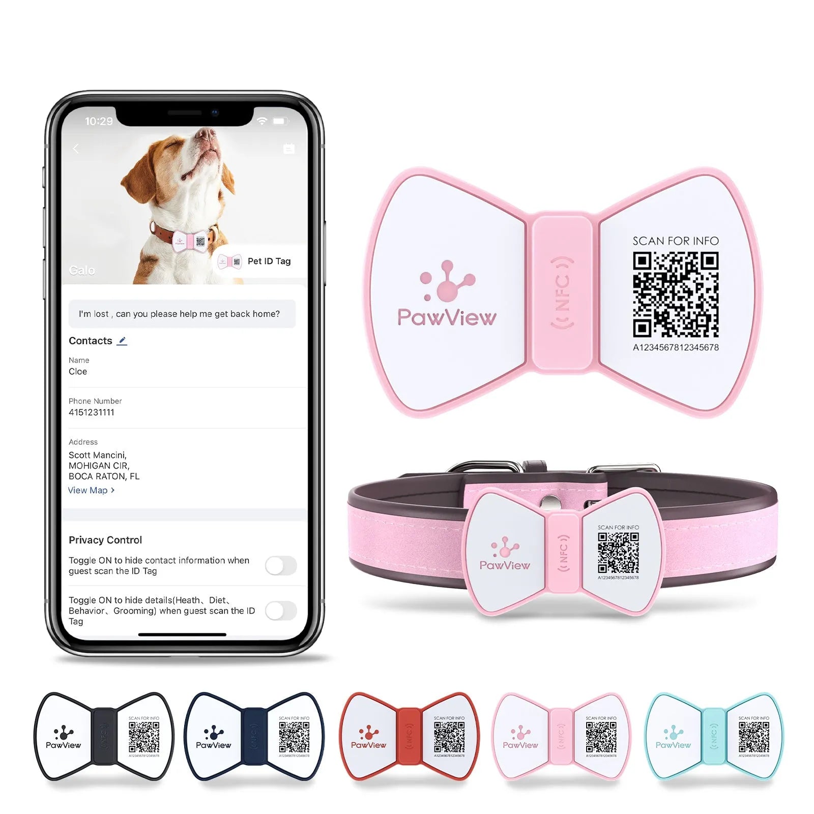 NFC smart QR code silicone pet ID tag with bowknot decoration for dogs and cats