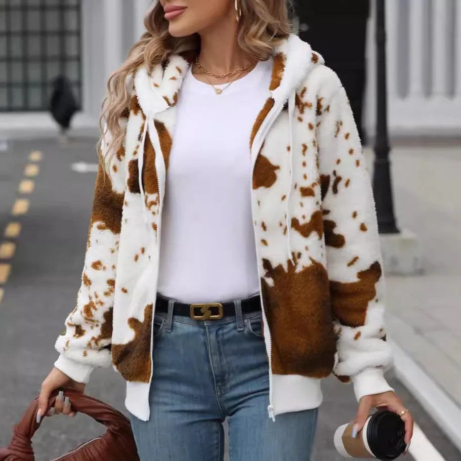Yellow and brown animal print hooded cardigan jacket with front zipper