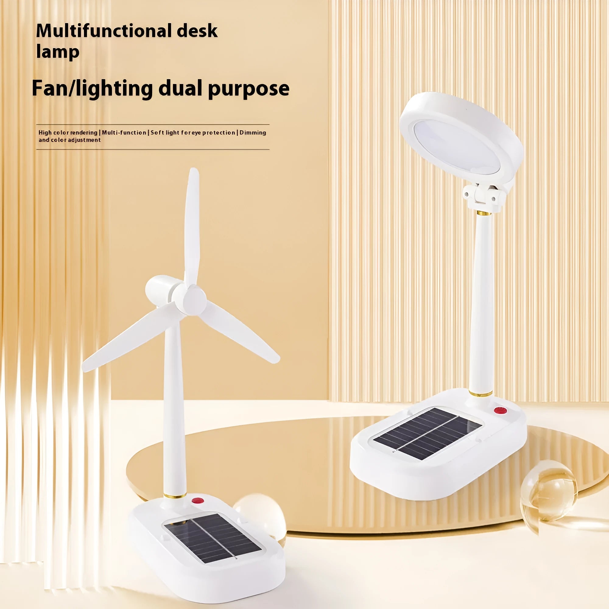 Ivory white solar-powered table fan with integrated LED study lamp on desk