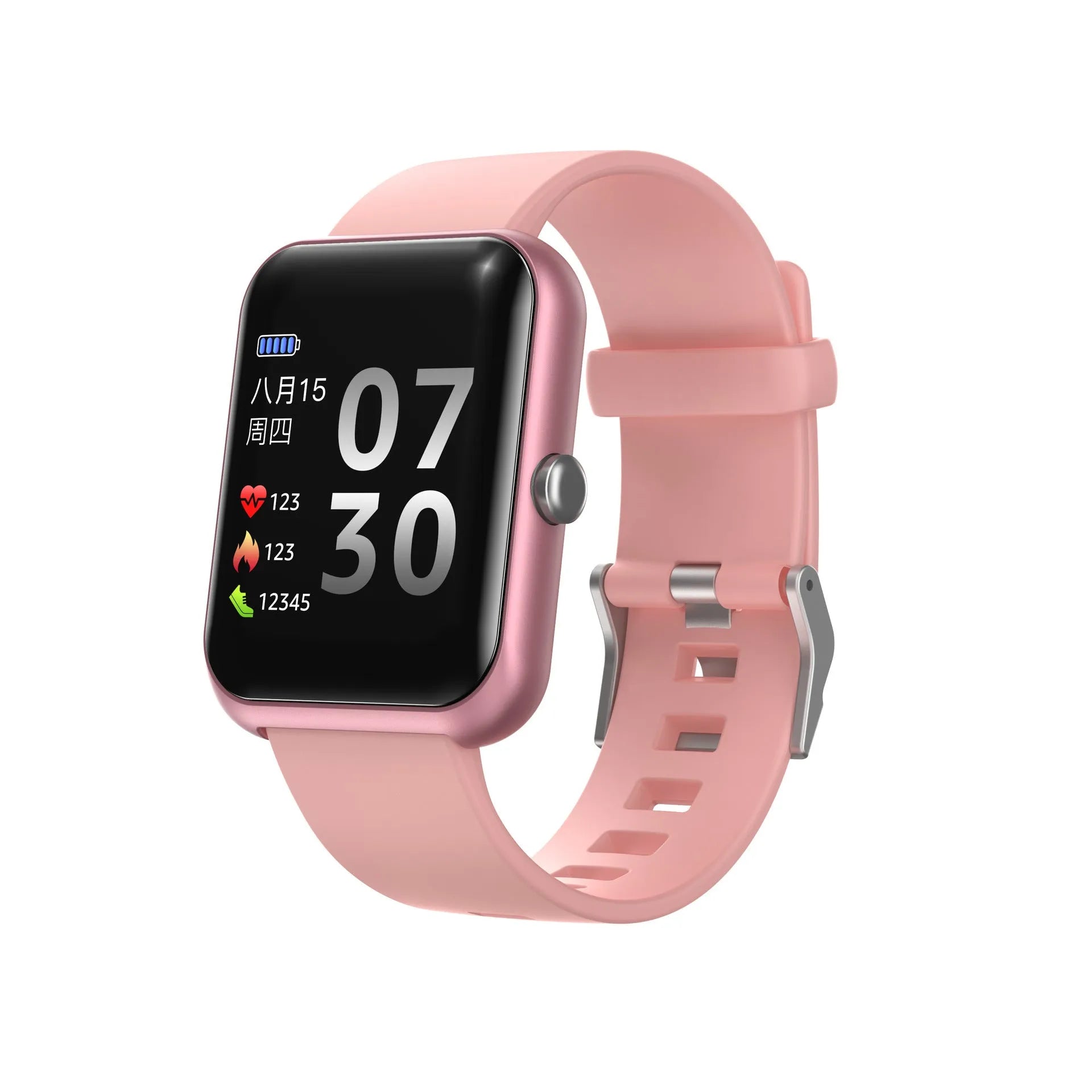 Square smartwatch with silicone strap and aluminium case in multiple colours