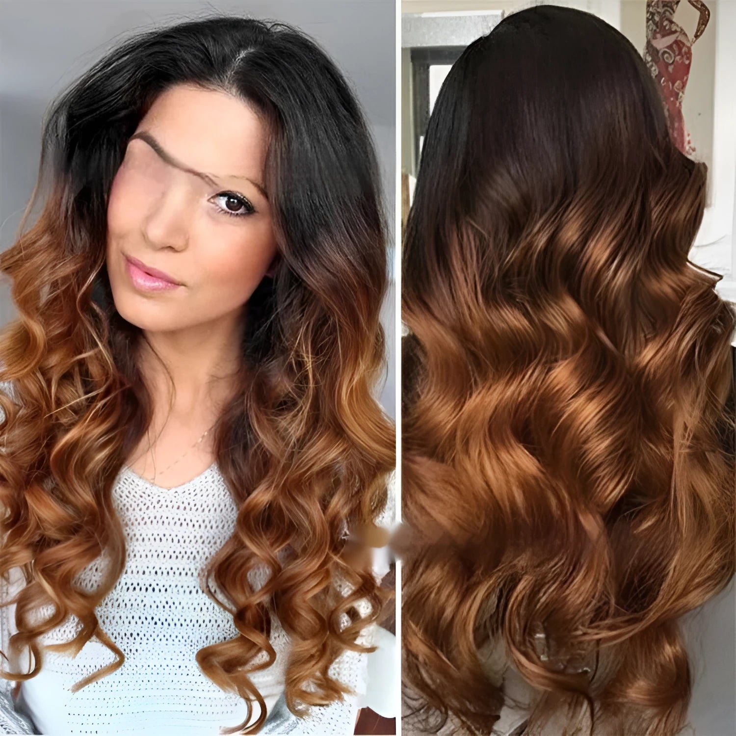 Real human hair lace front wig with gradient colour in Ruili style, showing length options.