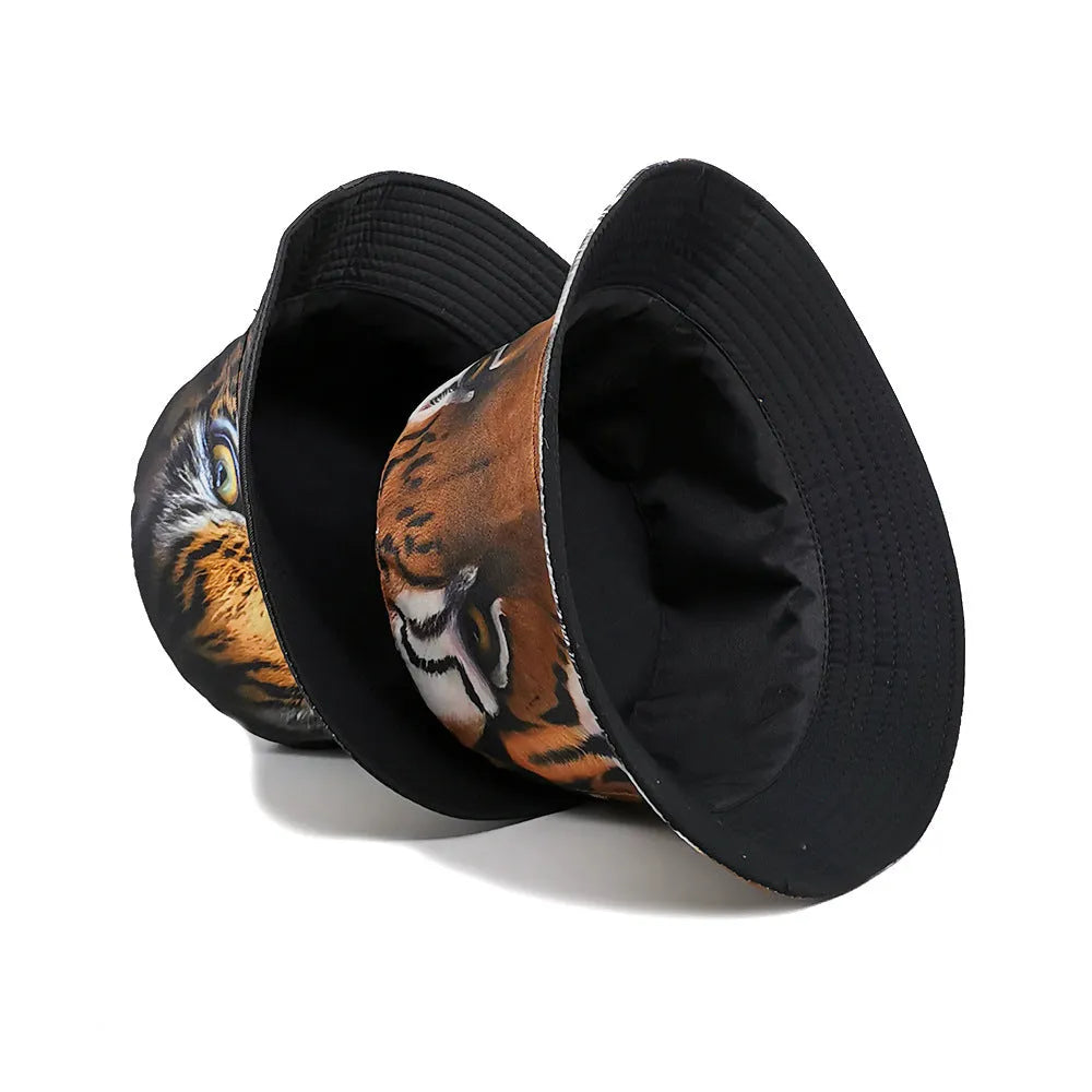 Khaki tiger pattern bucket hat with dome crown on a neutral background