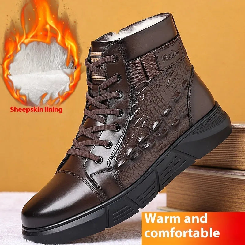 Brown genuine leather winter boots with fur trim and lace-up front, resting on a surface.