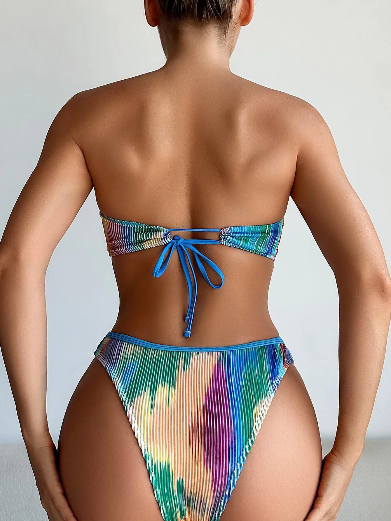 Colour printed tube top bikini set with matching briefs in polyester fabric
