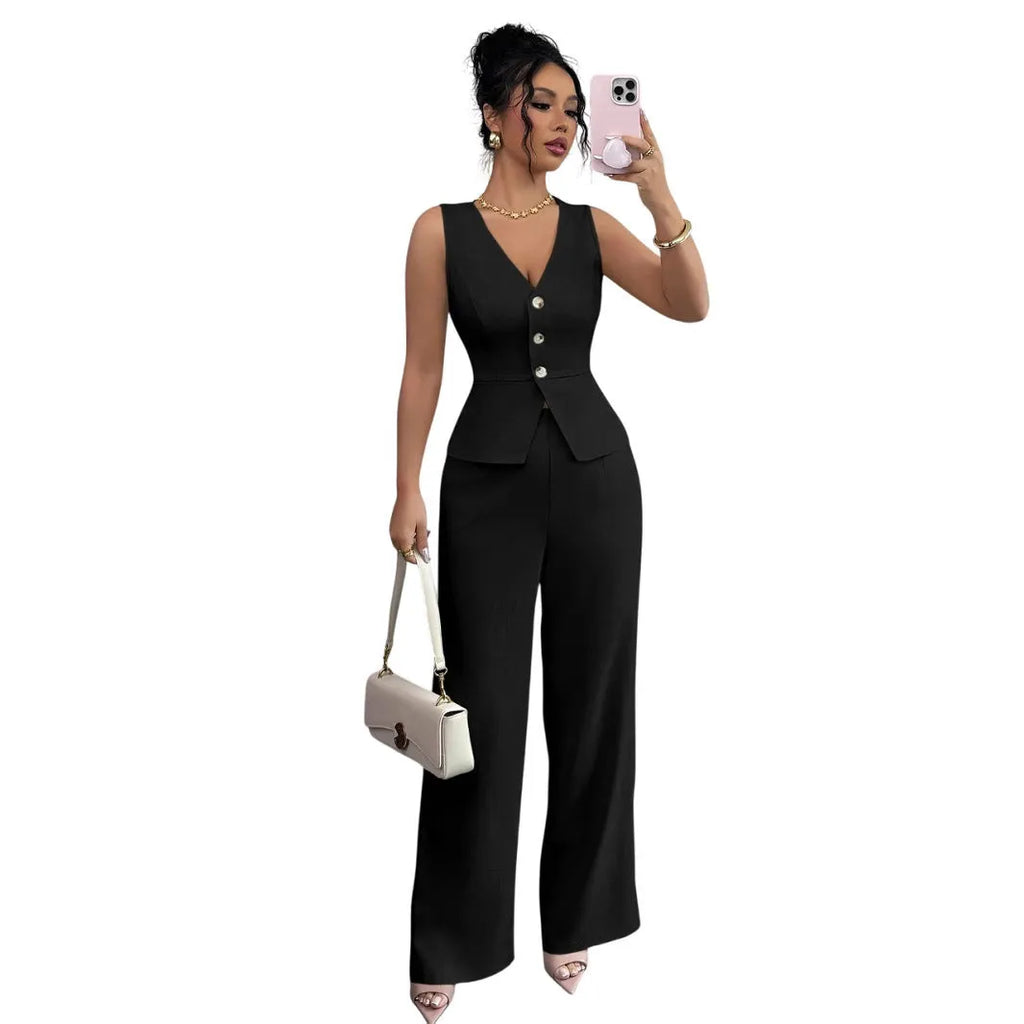 Women's black sleeveless vest and high-waist trousers two-piece casual set