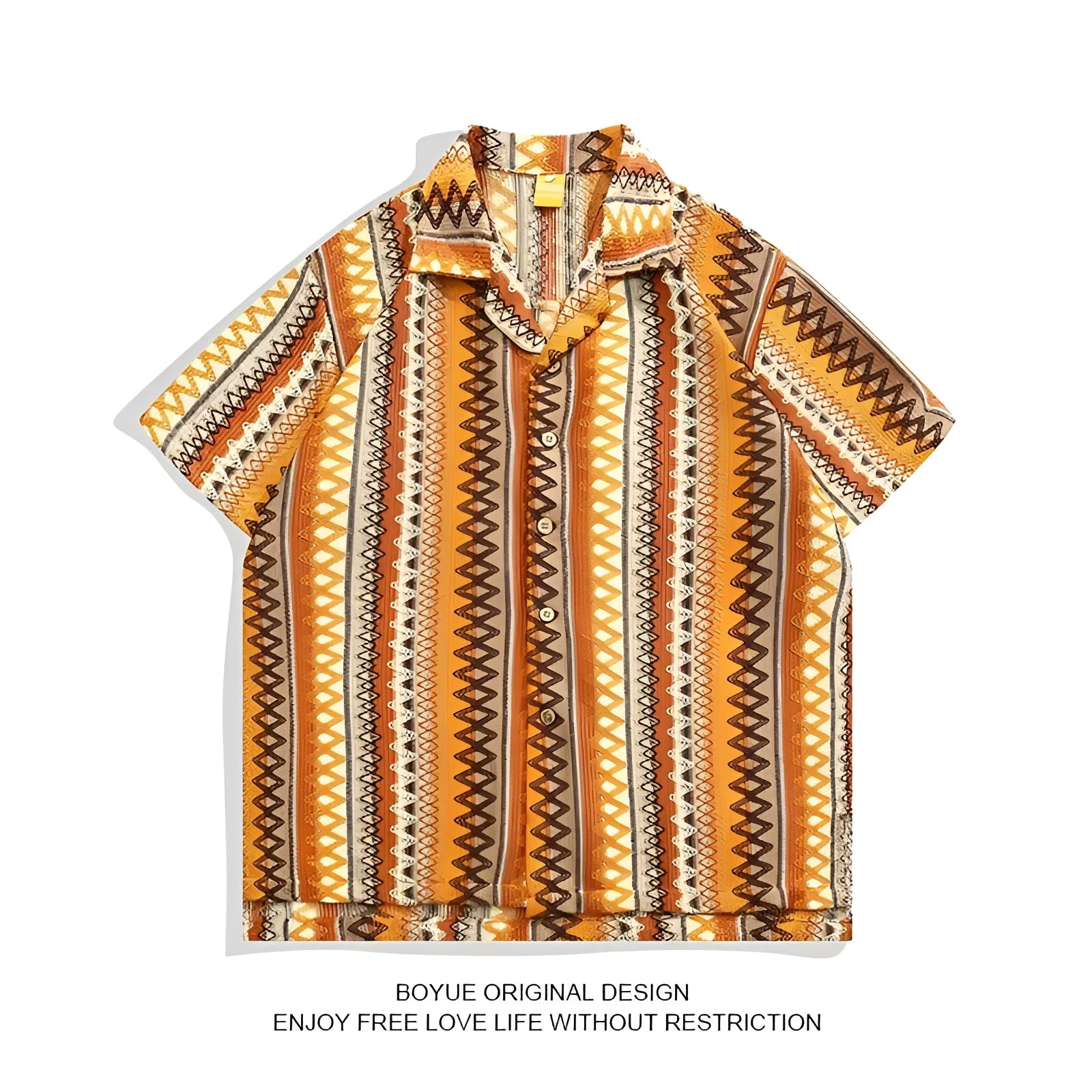 Ethnic style woven shirt with Cuban collar and contrast colours, shown in a loose fit with short sleeves.