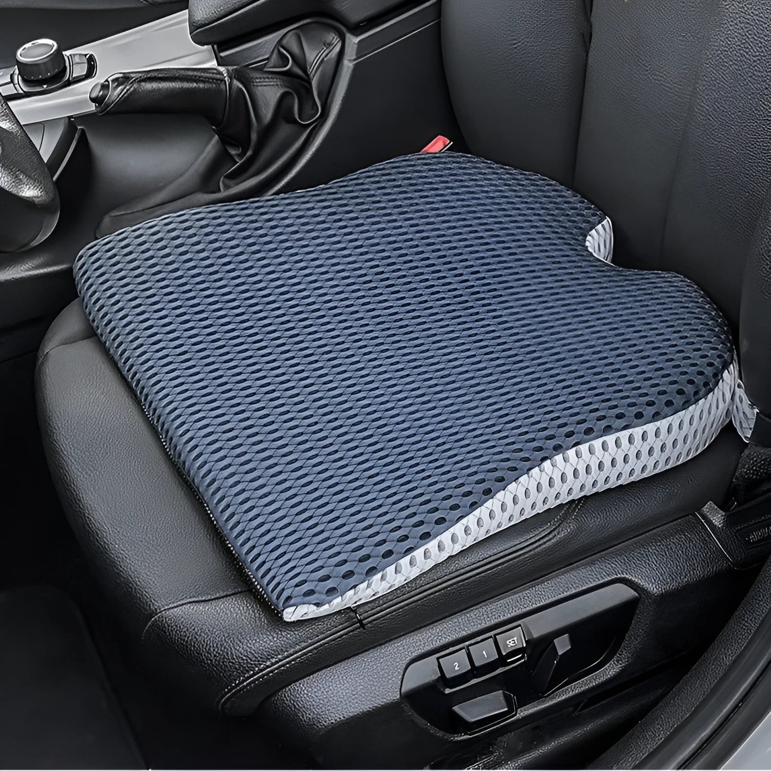 Regular size memory foam seat cushion with a fixed strap in solid black, grey, or white.