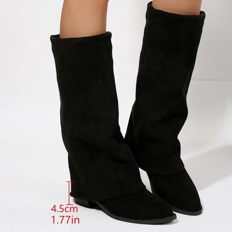 Chunky heel cowboy boot plus size unisex in artificial PU, mid calf length, brown colour