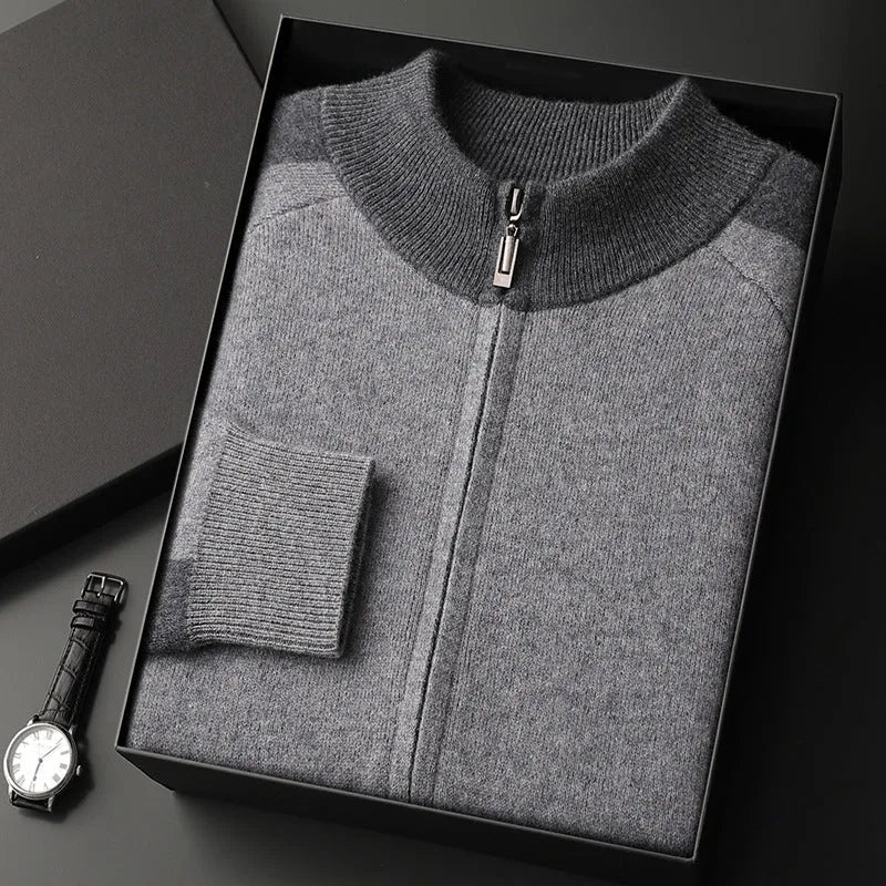 Men's navy blue cashmere blend knitted cardigan suit with half turtleneck zip and matching trousers