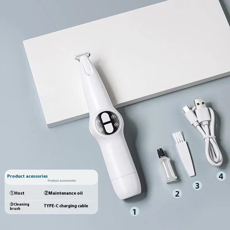 White plastic rechargeable pet cat foot shaver with double button control and grinding head for paw hair and nail trimming