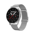 Black smart watch with metal wristband showing 1.3 inch display with Bluetooth calling interface