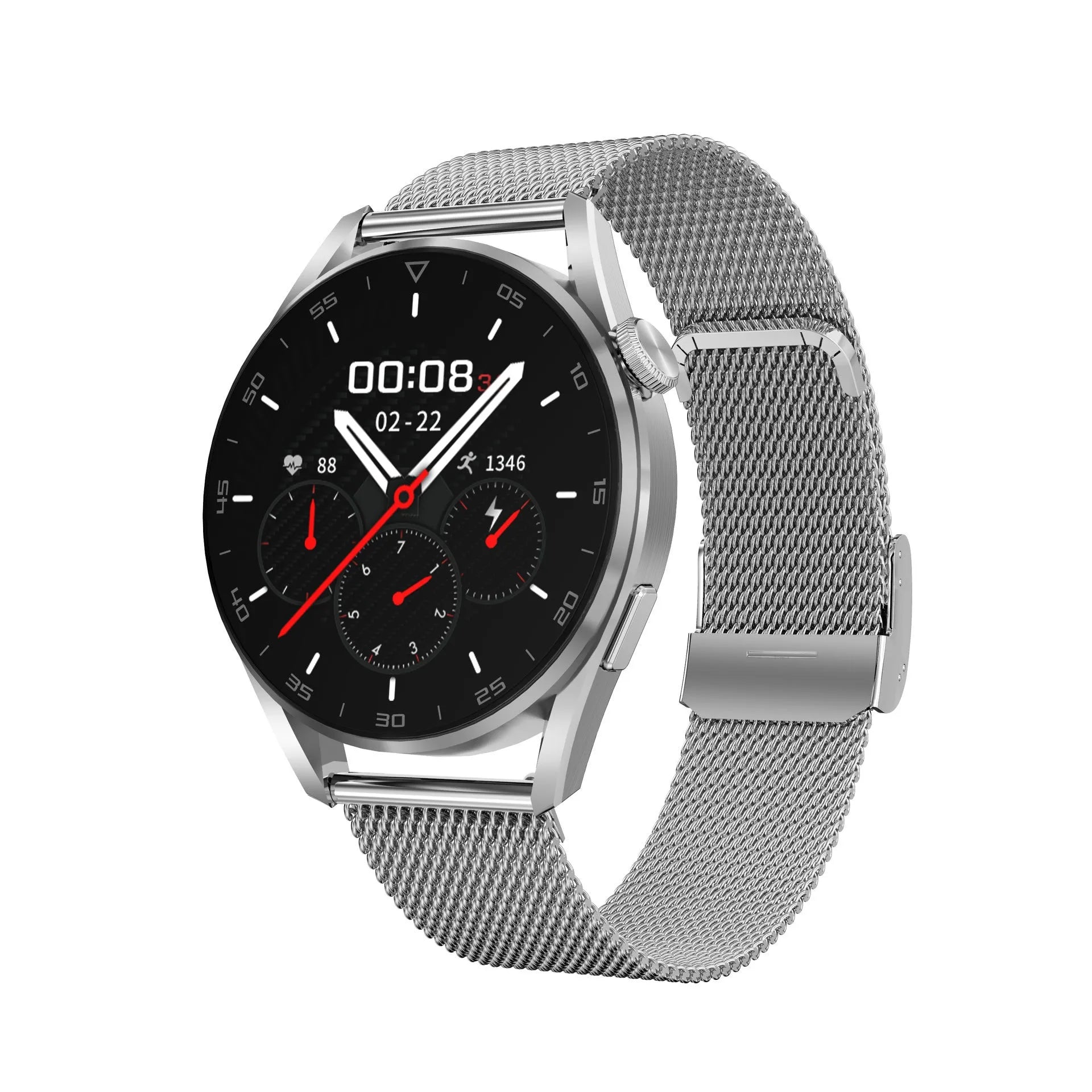 Black smart watch with metal wristband showing 1.3 inch display with Bluetooth calling interface