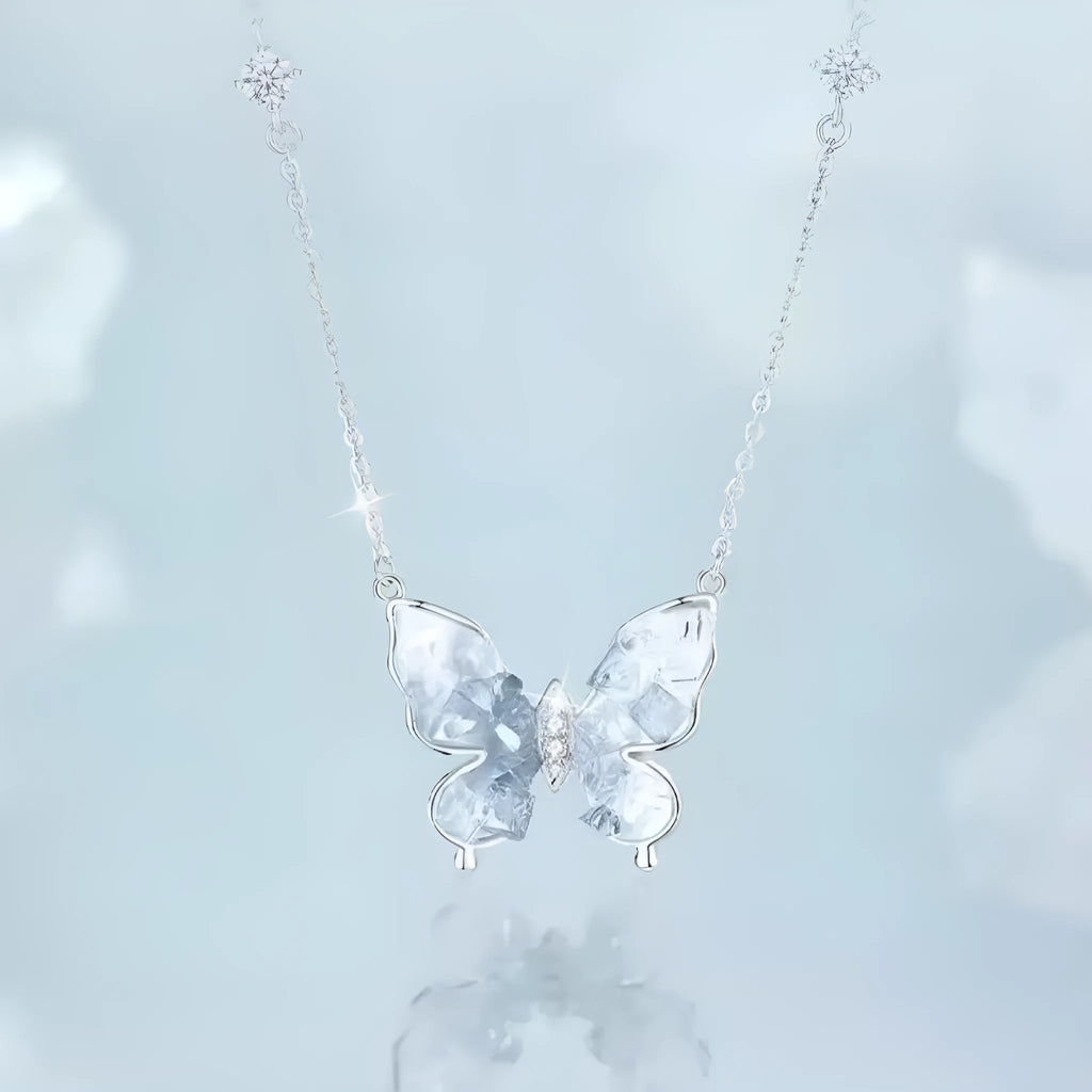 Bingyu Butterfly Necklace with ice rain design on S925 silver chain, adjustable 41-50cm length