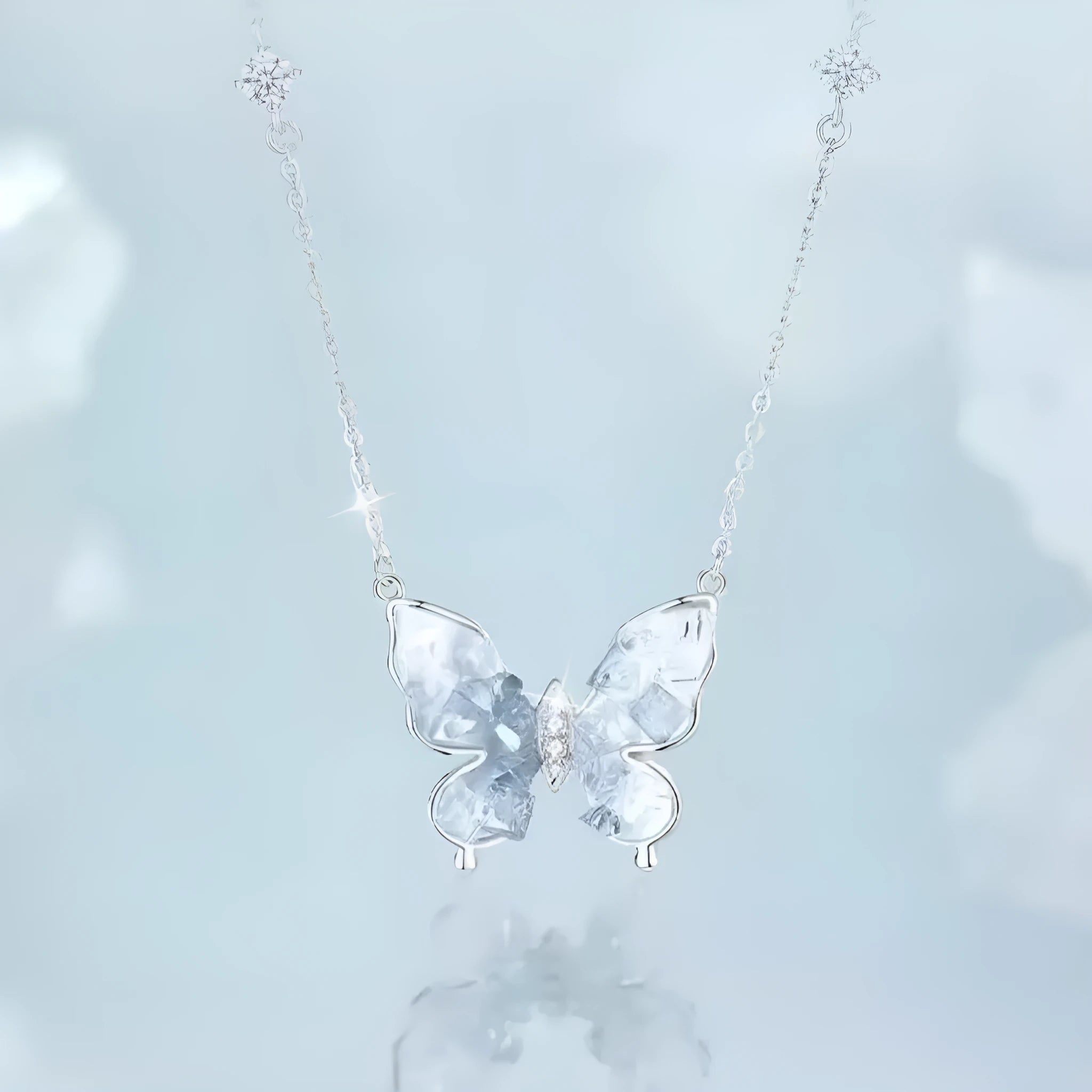 Bingyu Butterfly Necklace with ice rain design on S925 silver chain, adjustable 41-50cm length