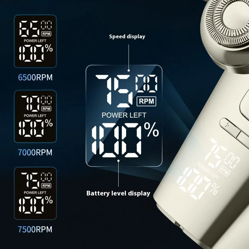 Men's multifunctional magnetic knife head electric shaver with floating cutter and LED display on black background