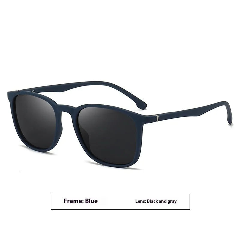 Men's polarised sunglasses with a black frame and dark green lens, showing PC construction and elastic paint finish.
