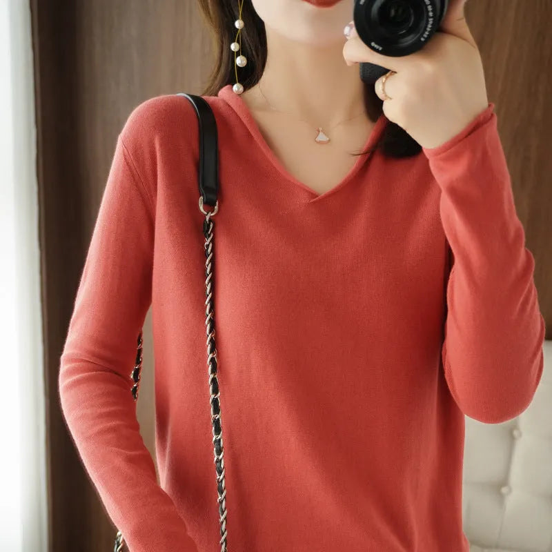 Women's V-neck long sleeve knitwear pullover top in turmeric colour with non-ironing process