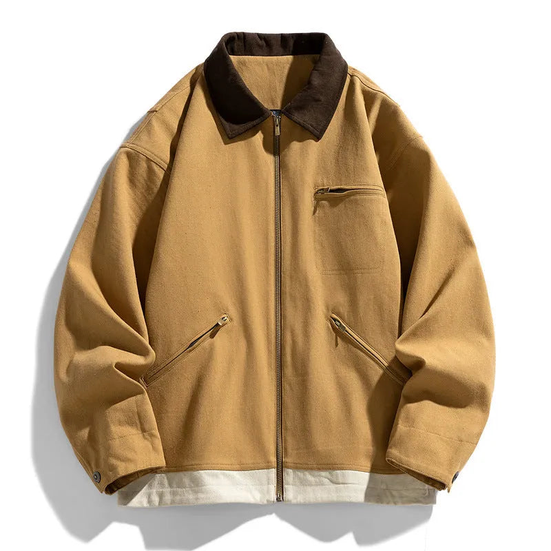 Korean style retro workwear jacket with contrast lapels in mint green, side seam pockets visible
