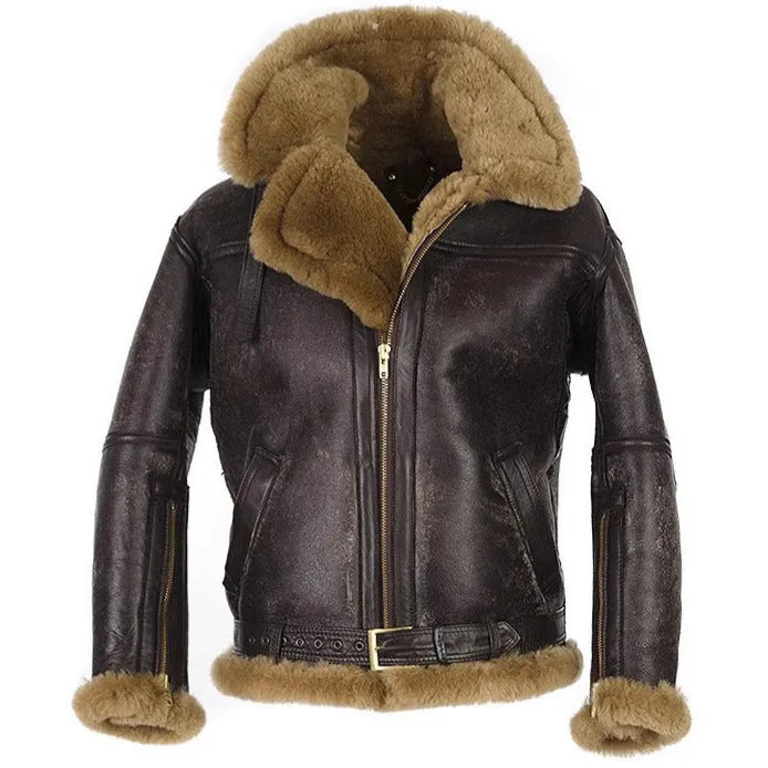 Brown synthetic leather fur coat for men with straight hem and side seam pockets