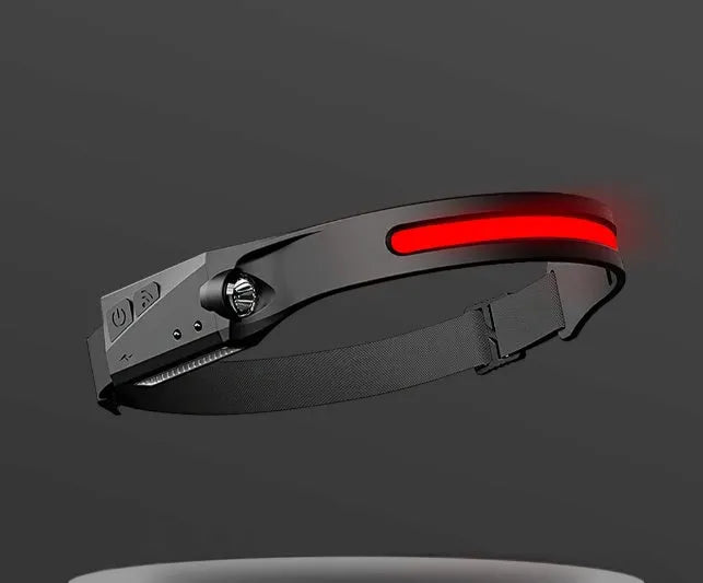 COB LED induction headlamp with wide beam and side LED for long-distance lighting, USB rechargeable, silicone build