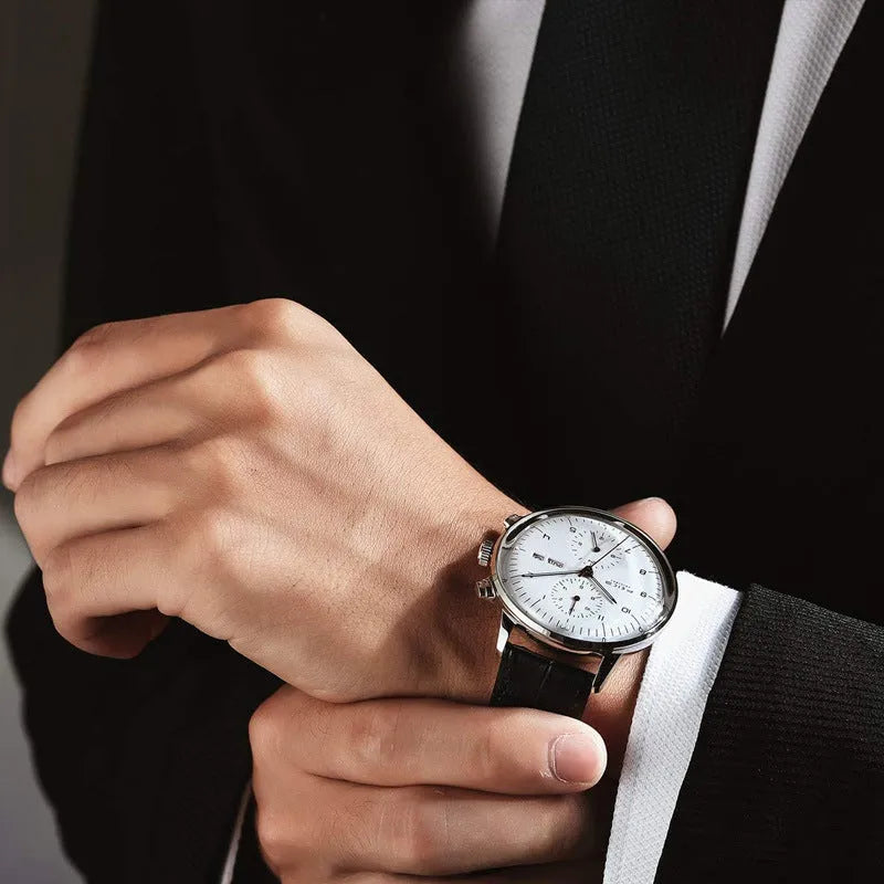 FM121 automatic mechanical watch silver case white dial black belt luminous hands 42mm