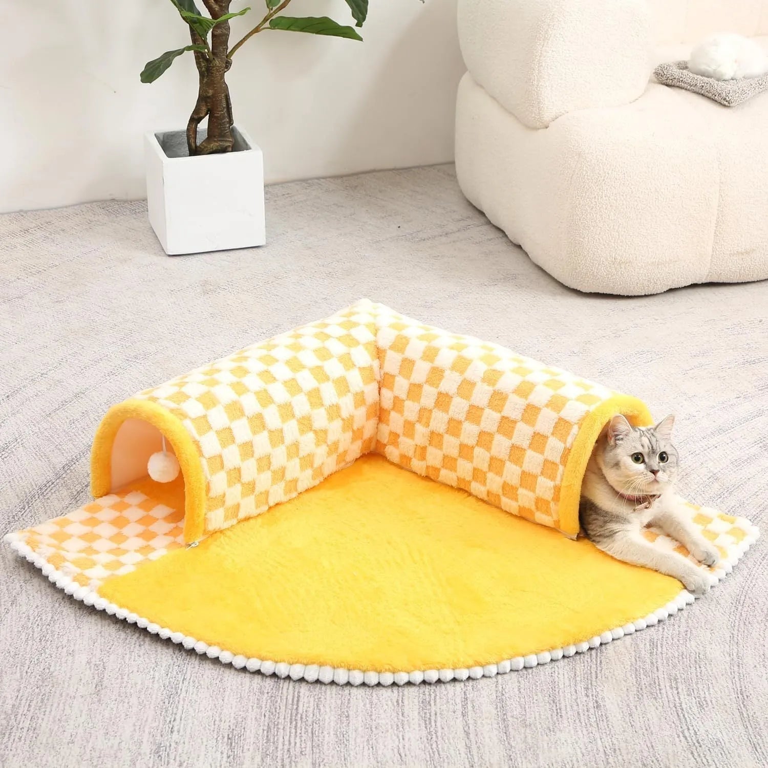 XL fan-shaped plush pet bed tunnel for dogs and cats in yellow plaid colour with anti-slip bottom.