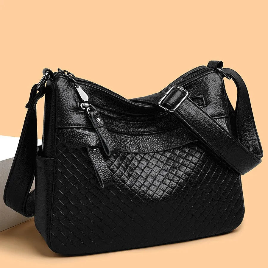 Women's soft PU leather crossbody bag in black with diamond pattern stitching, vertical rectangle shape 28x22x11cm