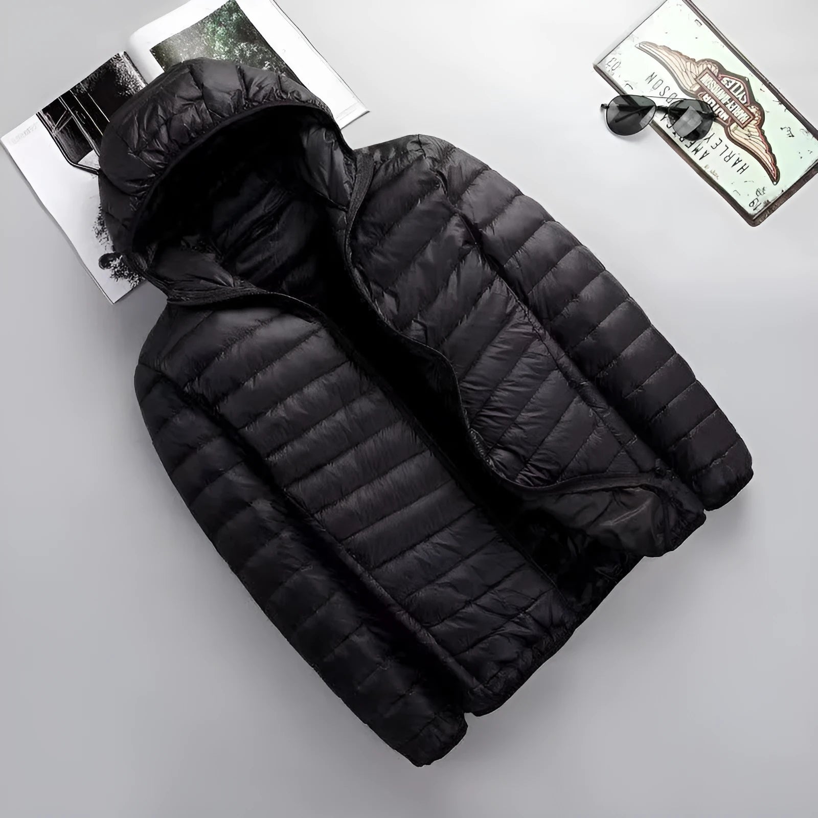 Men's lightweight down jacket in green plain cotton fabric with hood, short casual fit