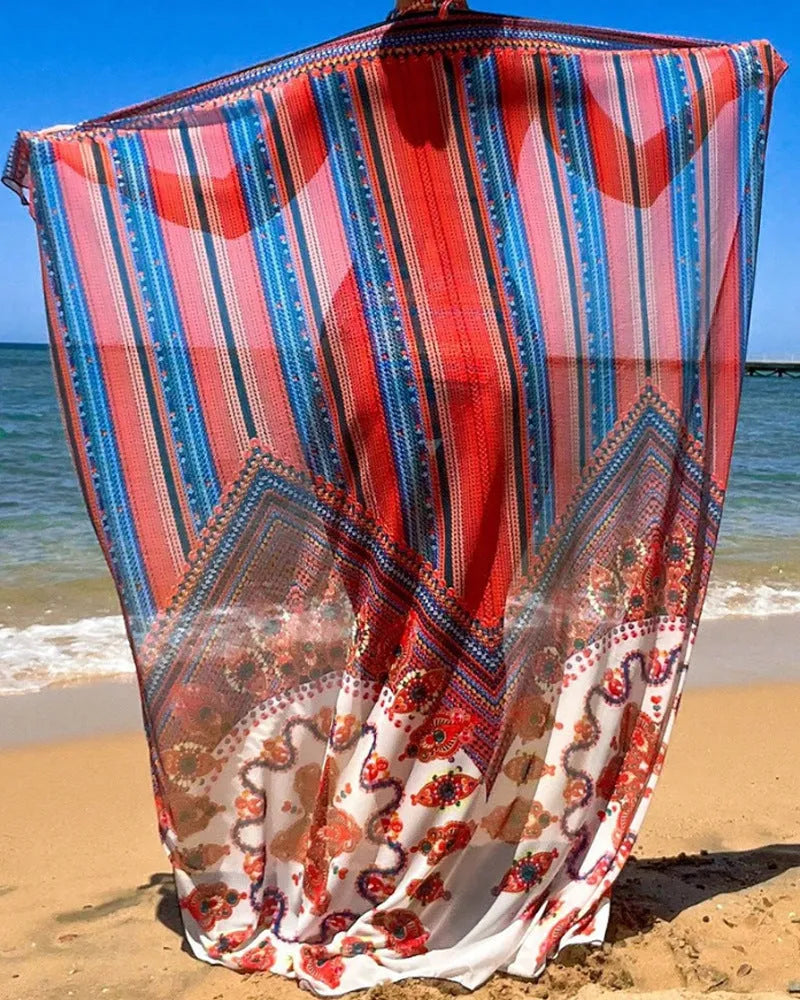 Women's three-piece swimsuit set showing sleeveless cutout blouse, high-waisted briefs, and matching coat