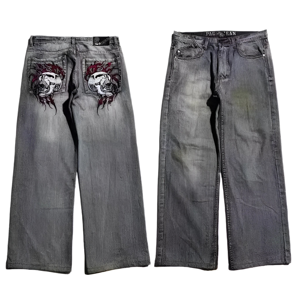 Grey wide-leg jeans with retro washed appearance and straight-leg opening