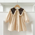 Toddler in long sleeve cotton romper dress with floral collar in brown, suitable height 90cm