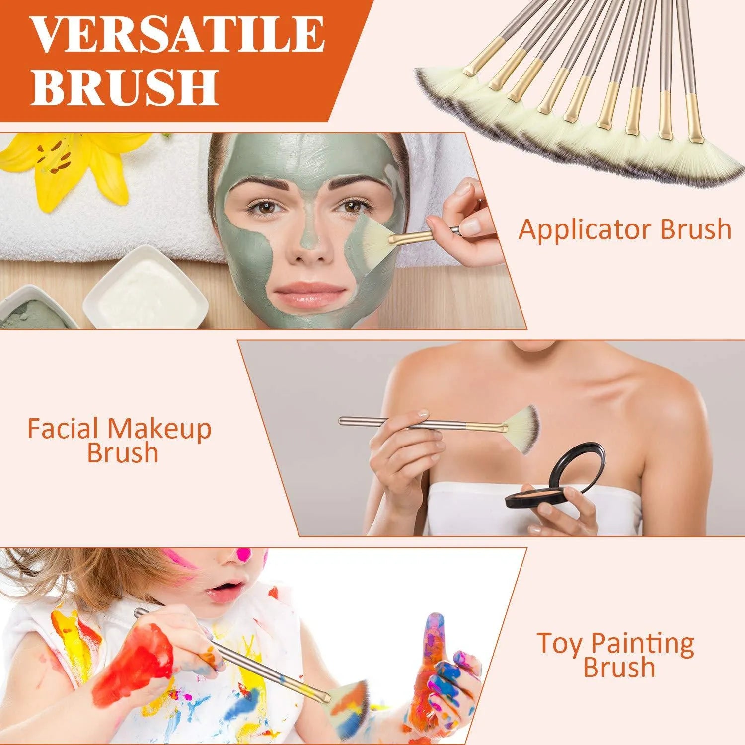 10 professional facial fan brushes with champagne finish acrylic handles and protective covers
