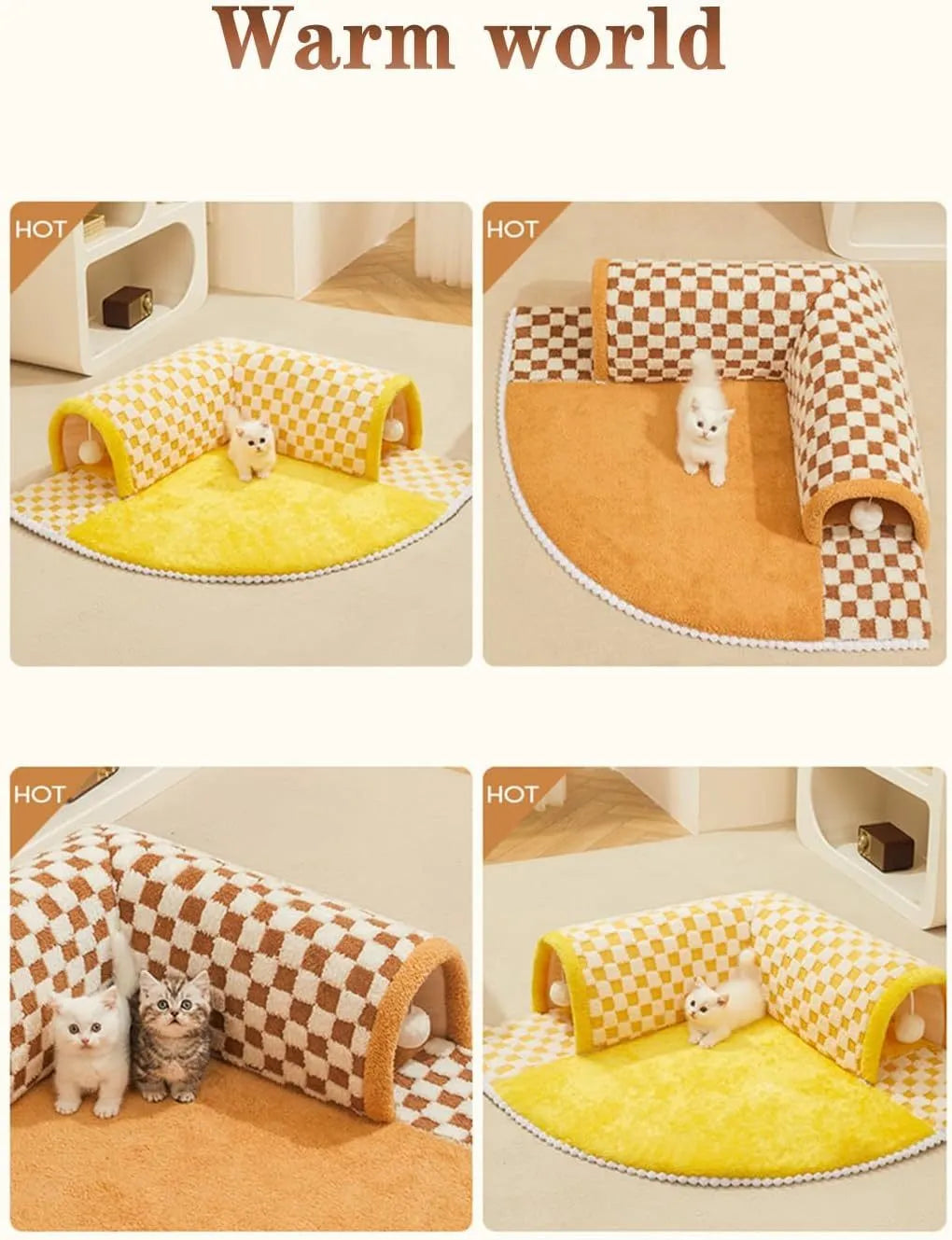 Brown plaid plush cat tunnel bed with central mat showing collapsible zipper design and non-slip bottom