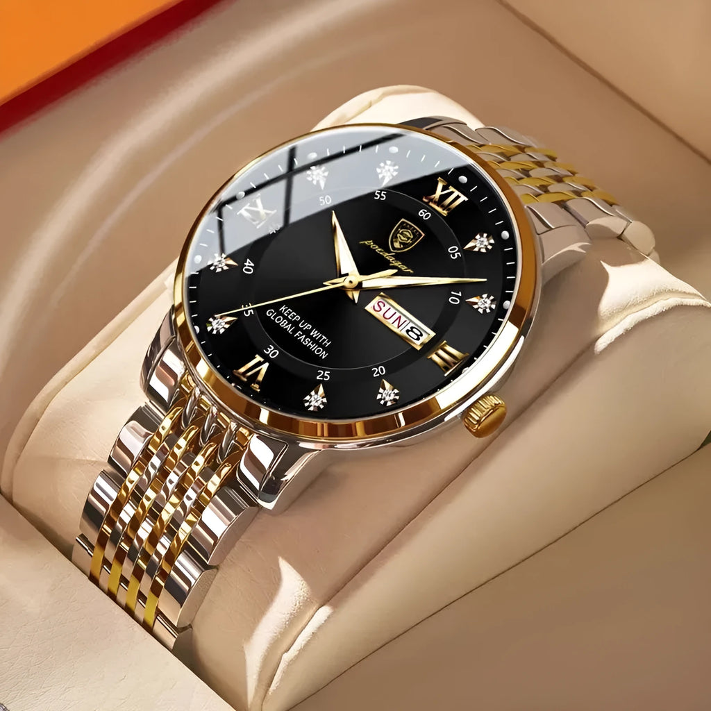 Men's quartz watch with 43mm round dial, sapphire crystal, stainless steel strap, blue face, luminous hands and calendar display