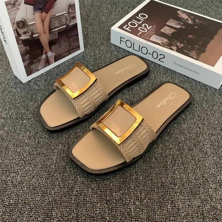 Women's flat summer slippers in apricot colour with a non-slip PVC sole.