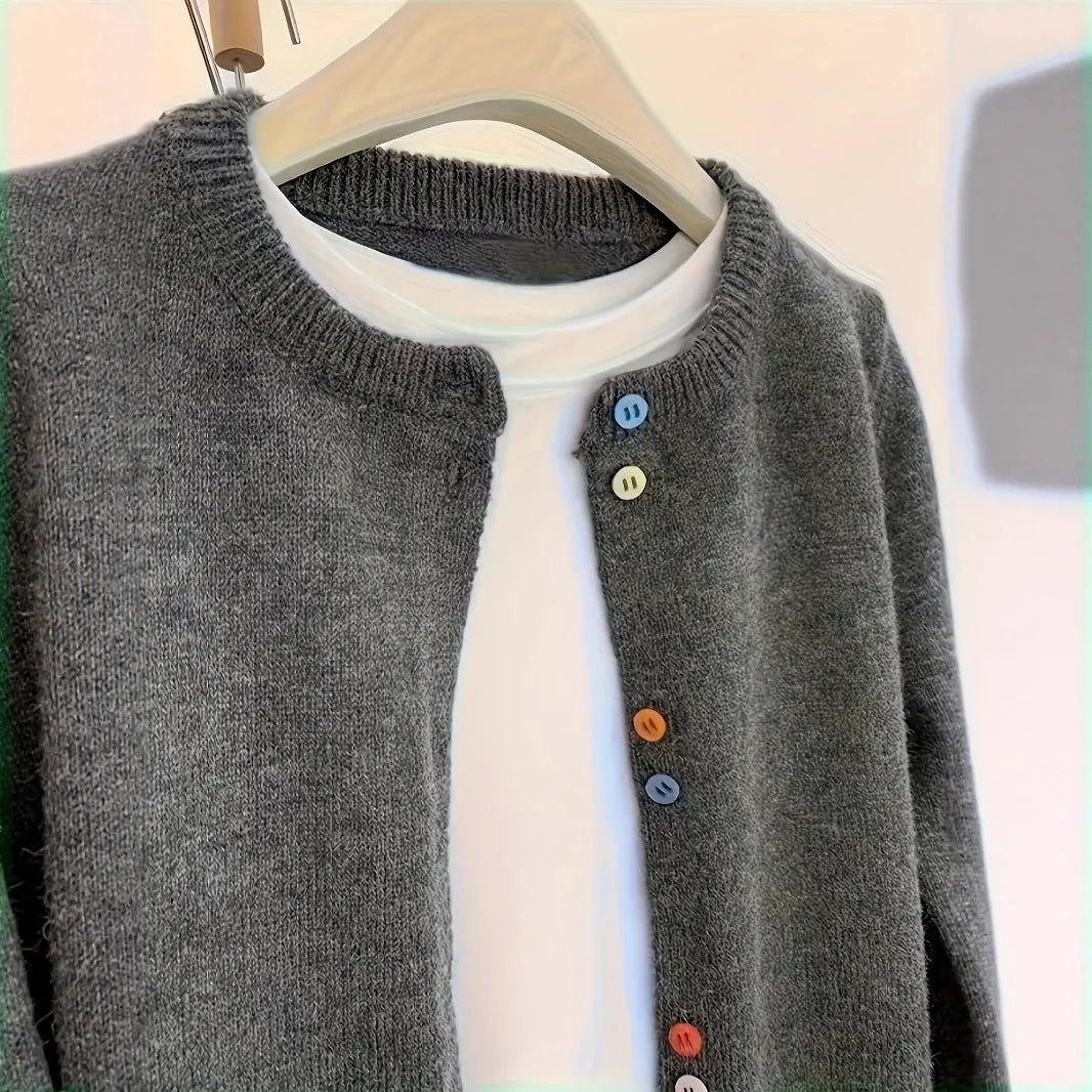 Women's dark grey solid colour polyester cardigan with button front and long sleeves.