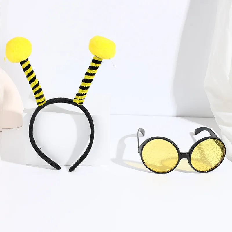 Yellow bees costume set with a cloth headband and glasses featuring insect details.