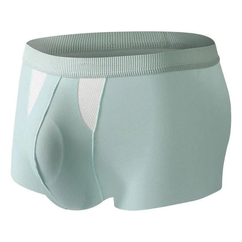 Men's black and grey ice silk double-layer underwear shorts showing the hole bag design for moisture separation.
