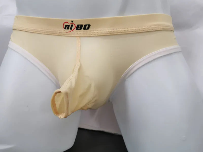 Men's army green ice silk bazooka briefs showing bullet separation and mid waist design