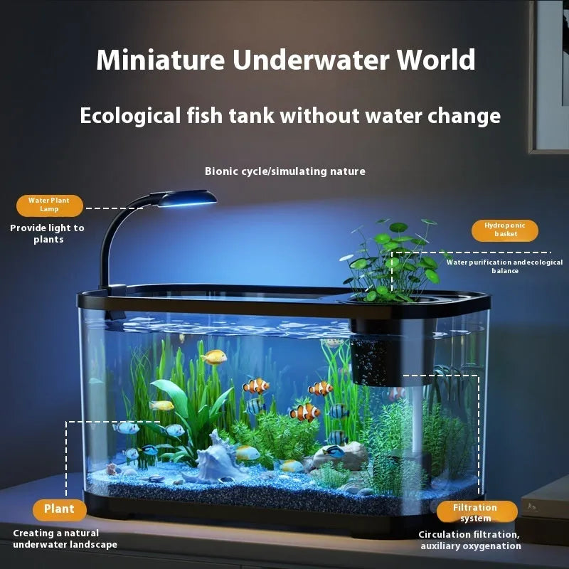 Ecological landscape filter oxygen-making integrated fish tank in luxury black colour on desktop