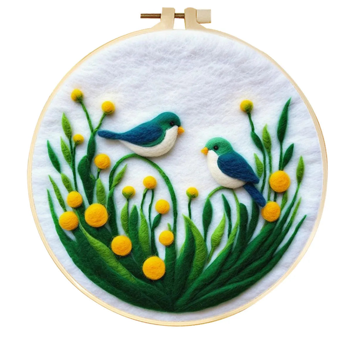 Round 20x20 cm linen embroidery kit with wool felt pieces for floral design and included embroidery frame.