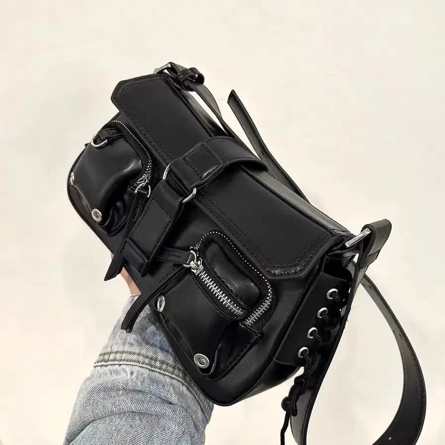 Black PU underarm baguette messenger bag with adjustable strap and zippered compartment