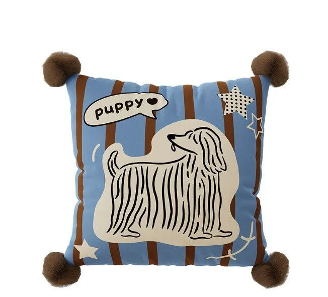 Cartoon animal printed cushion on sofa in blue, brown or white colours, showing 30x70cm, 45x45cm and 60x60cm size options