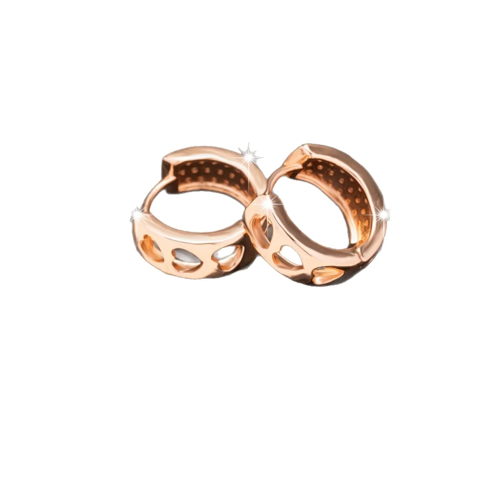 Rose gold women's earrings with hollowed out heart design in circular frame
