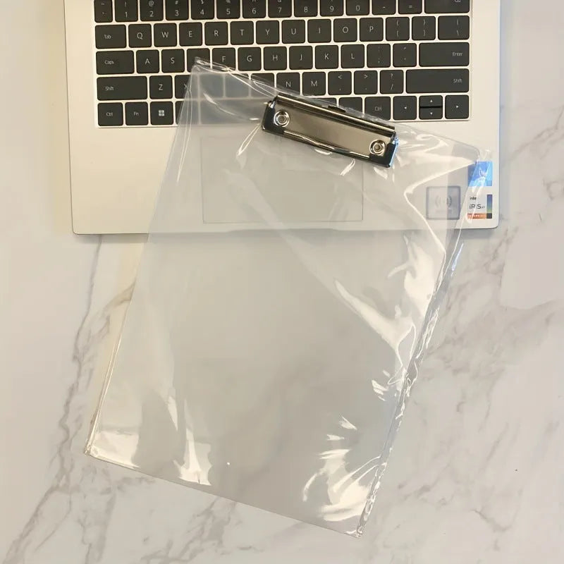 Transparent A4 clipboard with metal clip holding white paper, available in blue, green, red, and white.