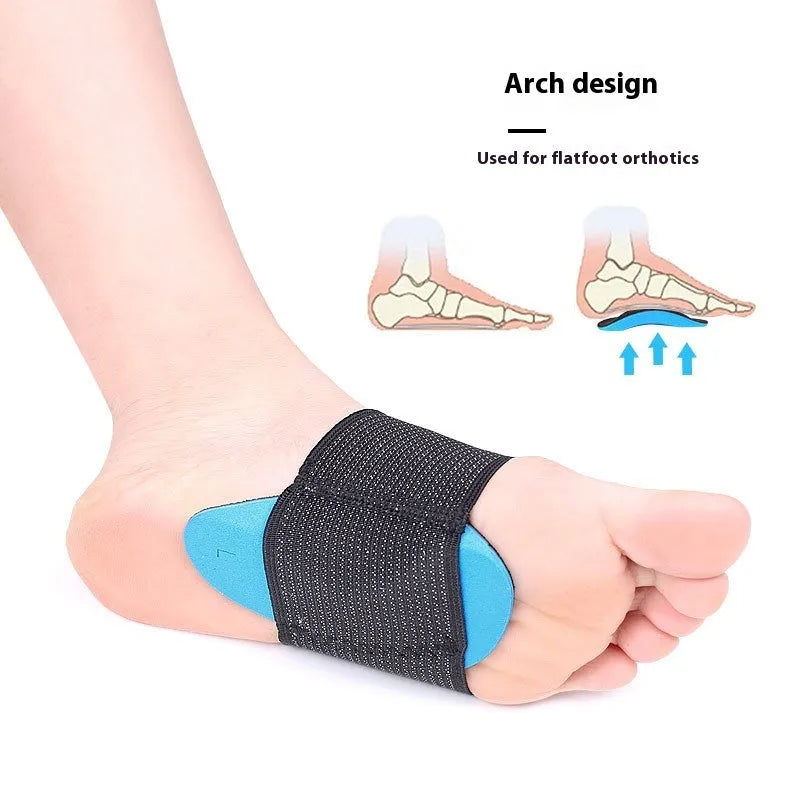 Blue elastic bandage foot pad with arch support for flat feet in adult and children sizes